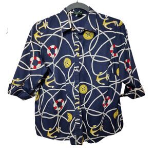 Lauren Ralph Lauren Sz 2X Blue Nautical Print Button Up Shirt Navy Yellow Yacht